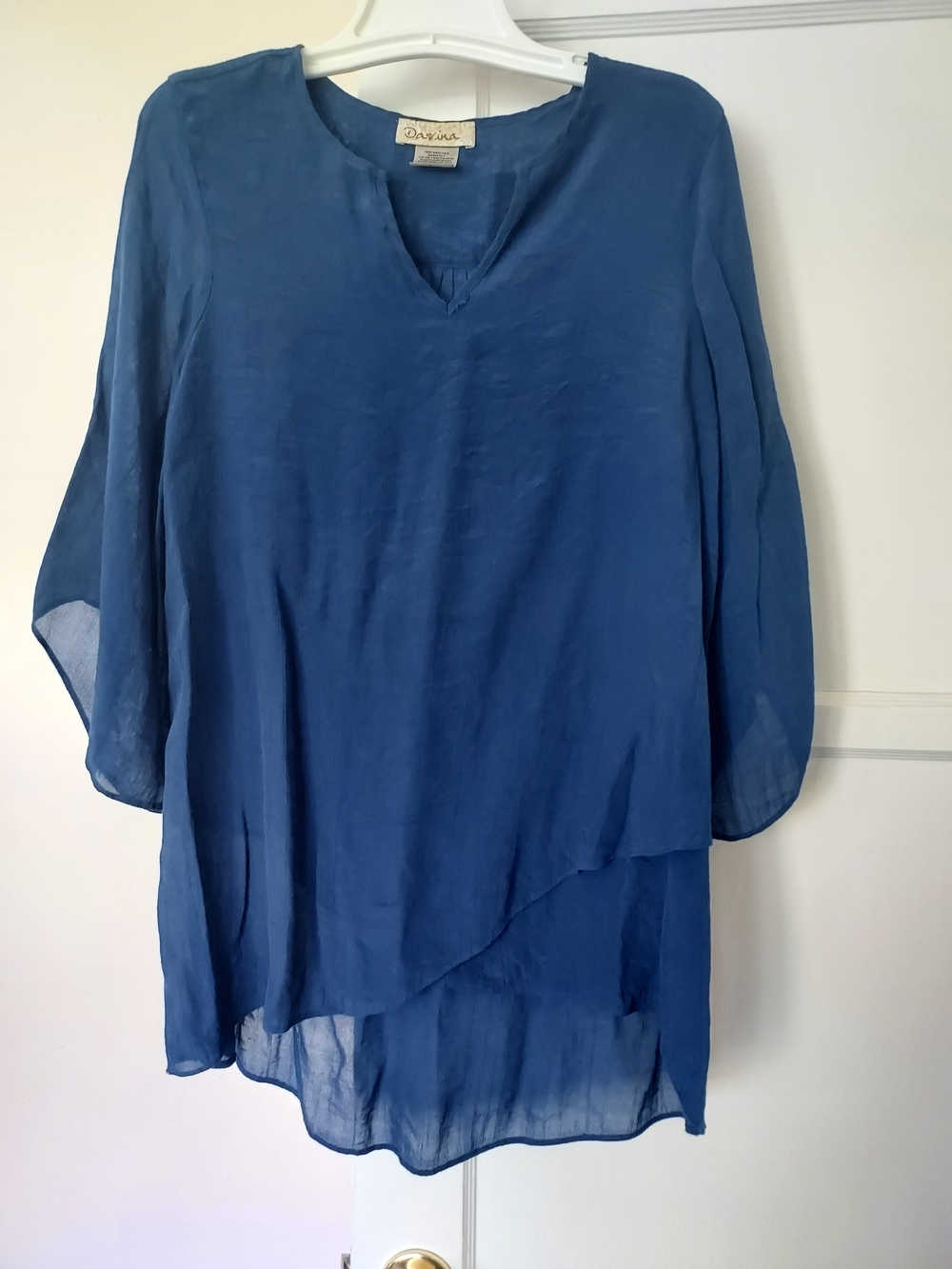 Davina Blue Layered V-Neck Chiffon Tunic Large Flowy Relaxed Fit Longline